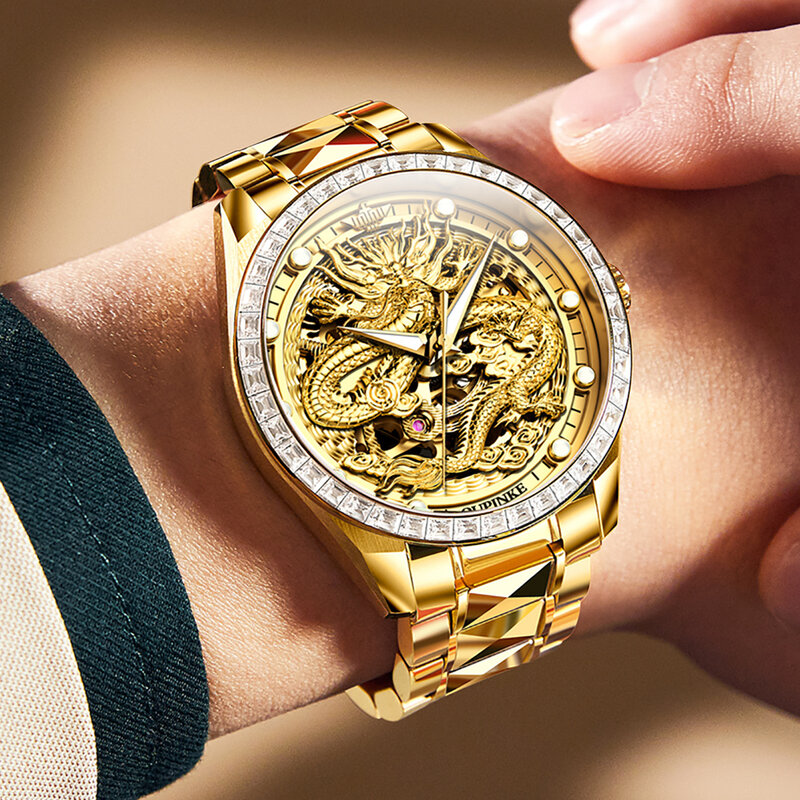 Часы-скелетоны OUPINKE Мужские механические, брендовые Роскошные автоматические наручные, с золотым Драконом, со стразами, оригинал