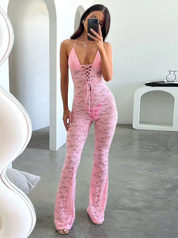 Women's Lace Jumpsuits Sexy Fashion Sleeveless Halter Neck Backless Hollow Out High Waist Long Bodysuit Night Club Party Outfit