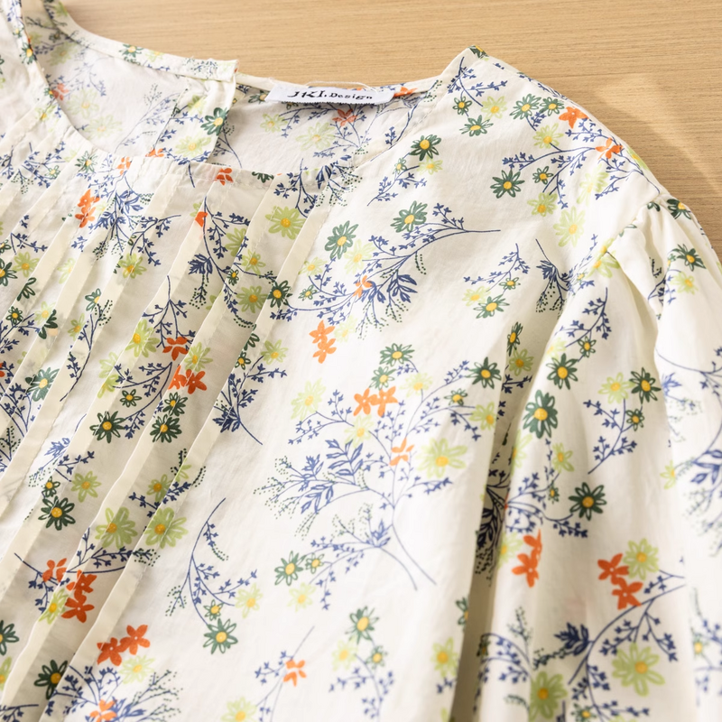 Camisa de manga curta feminina, estilo pastoral 100% algodão, camisas e blusas estampadas, tops de tamanho grande, roupas vintage de verão