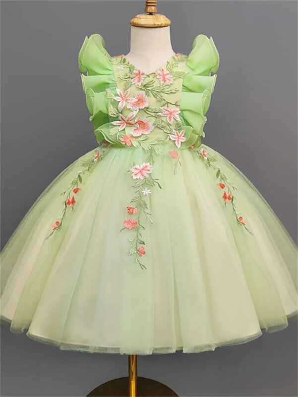 เด็ก Little Girls ชุดดอกไม้สายพรรคสีเขียวอสมมาตรแขนสั้นเจ้าหญิงหวานปกติ3-12ปี