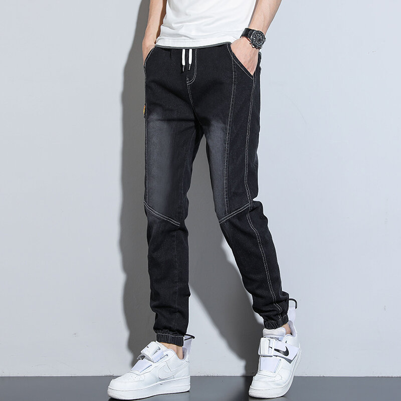 Spring Summer New Korean Fashion Jeans Men's Elastic Slim Fit Small Feet Male Clothing Denim Trousers Light Blue Gray Black