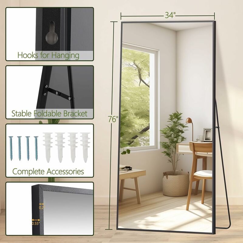 Large Rectangular Full Length Floor Mirror Bedroom Living Room Gym High-Definition Shatterproof Glass Top-Grade Aluminum Frame