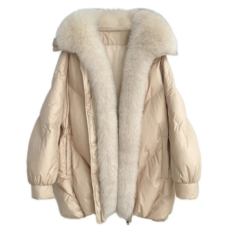 여성용 캐주얼 다운 재킷, 중간 길이 여우 모피 칼라, 모피 코트