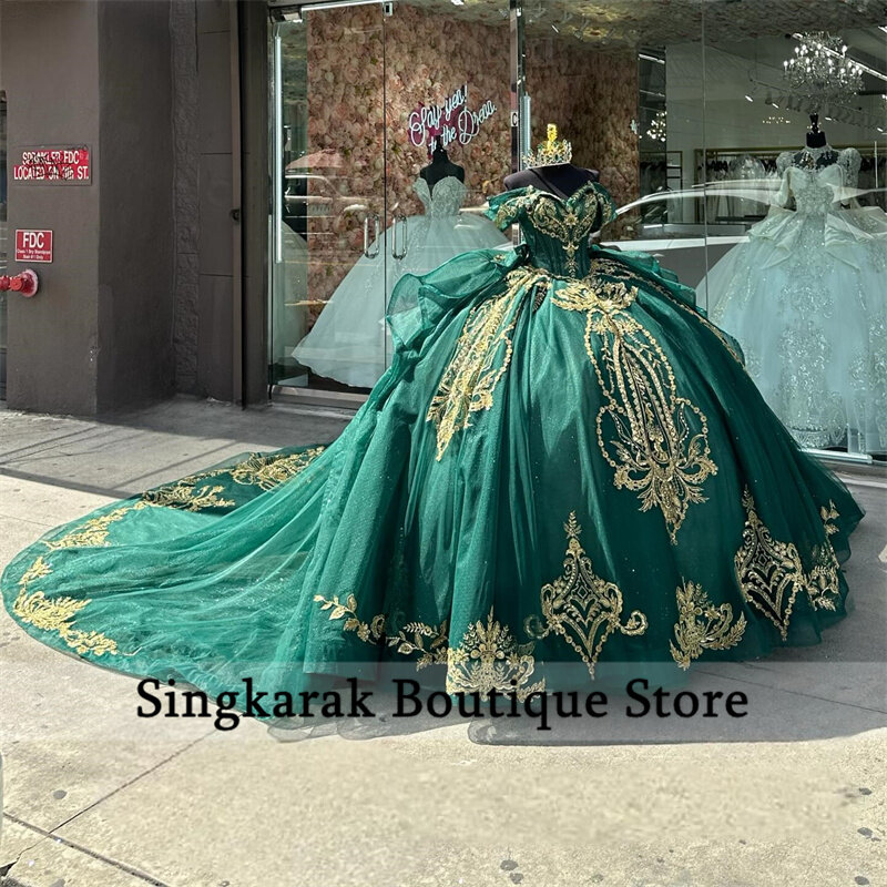 Vestido de baile com renda fora do ombro com contas de cristal, vestidos luxuosos Quinceanera, aplique de cristal verde, doces 16 vestidos, 2024