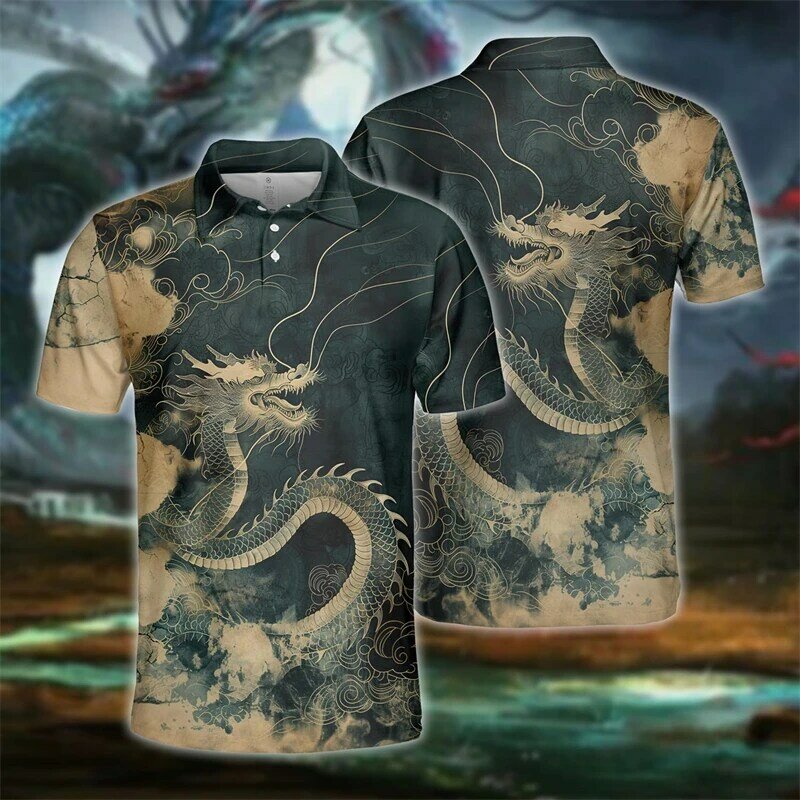Mythical Dragonic 3D Printed Polo Shirts For Men Clothes Harajuku Hip Hop Dragon Short Sleeve Goth Loong POLO Shirt Goth Tops