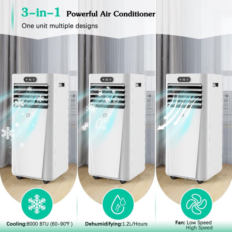 Портативные кондиционеры 8000 BTU с осушителем, вентилятором, режимами охлаждения, портативный блок переменного тока 3-в-1 для комнат до 350 кв. футов
