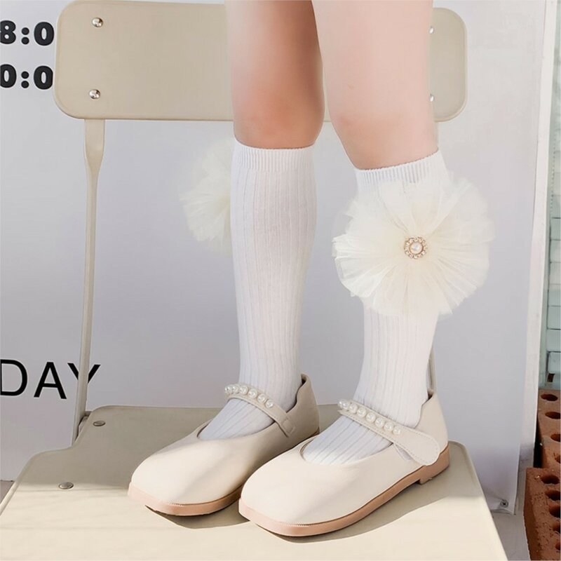 Girls socks pearl big bowknot sweet princess calf sock kids baby knee high stocking combed cotton sokken toddler infant