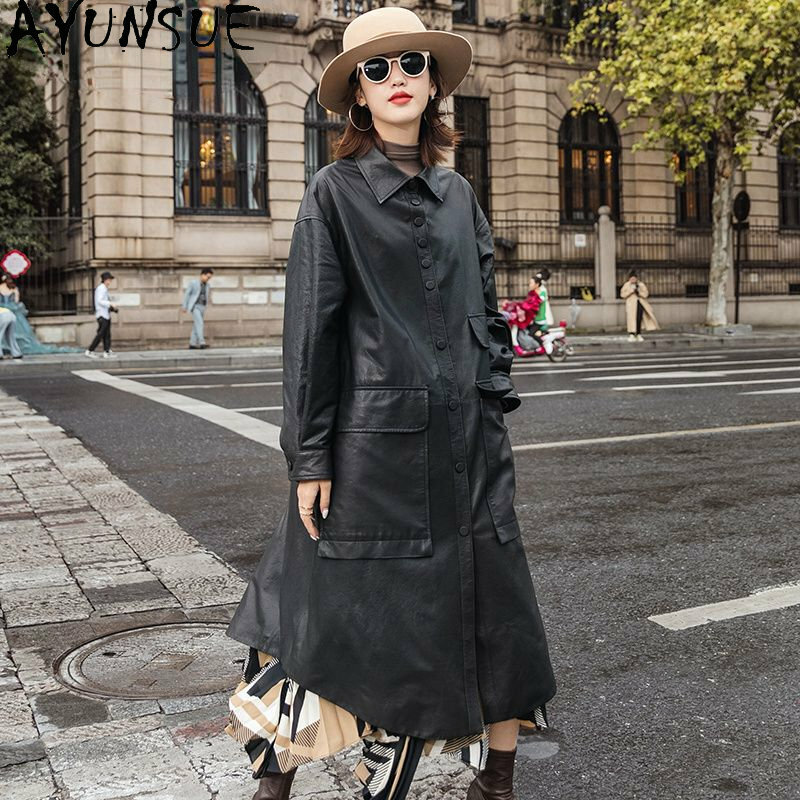 AYUNSUE-Jaqueta de couro de carneiro genuína feminina, elegante trench coat solto, longos casacos pretos, SGG, 2023