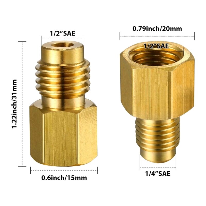 2 Pieces 6015 R134A Brass Refrigerant Adapter to Fitting Adapter Female to 1/4 Male Flare Adaptor