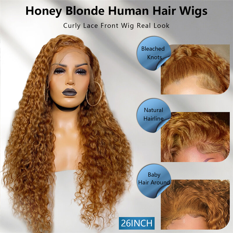 Miód blond głębokie kręcone koronkowa peruka na przód brązowy perwersyjne kręcone ludzkie włosy 13x4 brazylijski peruki typu Lace Front dla czarnych kobiet gęstości 180