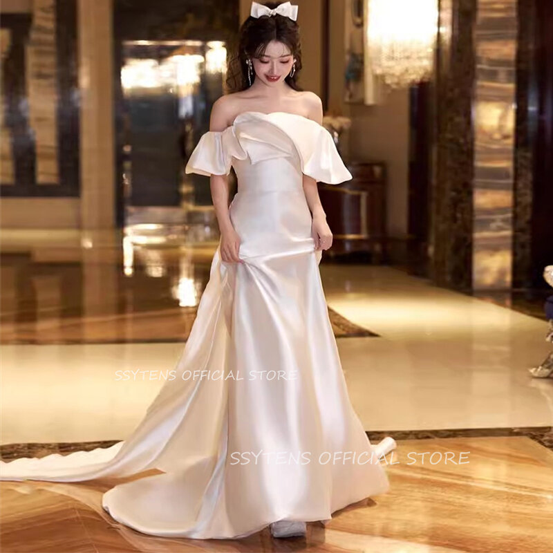 Gaun pernikahan malam Korea leher perahu klasik untuk Wanita ruffle foto tembak gaun pesta ulang tahun seksi Off Shoulder gaun pengantin