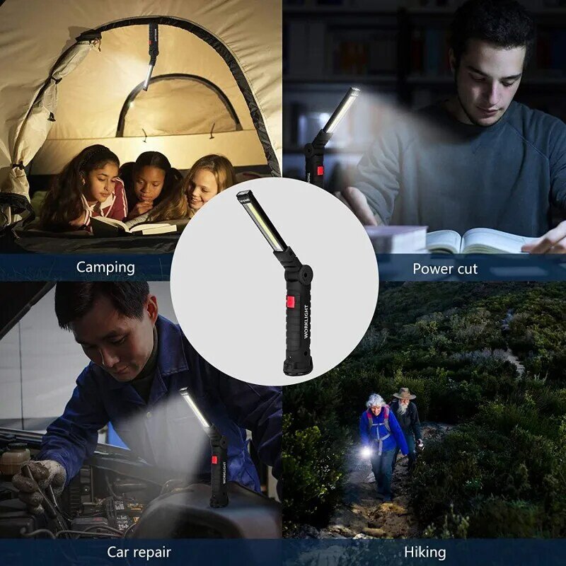 LED Flashlight USB Rechargeable Work Light Portable COB Magnetic Lanterna Hanging Lamp with Built-in Battery Camping Torch
