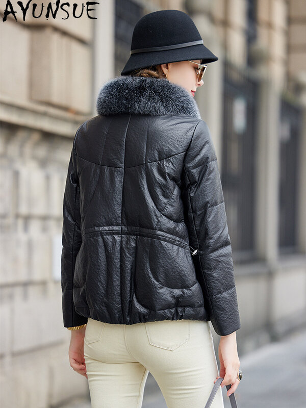 AYUNSUE Высококачественная куртка из натуральной кожи женское зимнее пальто на белом утином пуху с воротником из лисьего меха натуральная овчина кожаные куртки