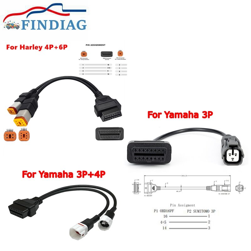 For Harley/YAMAHA 3PinDavidson Motorcycle 6Pin 4Pin Two-in-one To OBD2 Adapter OBD2 Diagnostic Scanner Adapter Cable OBD Scanner