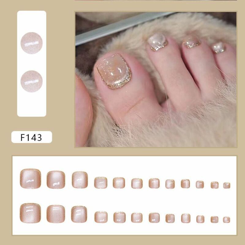 24pcs Fake Toenails French Full Cover Gold Cat Eye Aurora Butterfly Short Square Toe Nails Foot Nails Tips for Women Girl