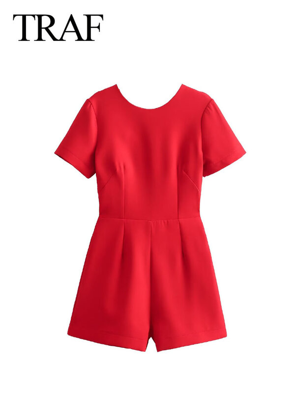 TRAF-Macacão casual sólido feminino, manga curta, moda com decote em O vermelho, arco oco de costas, macacão vintage de rua, verão