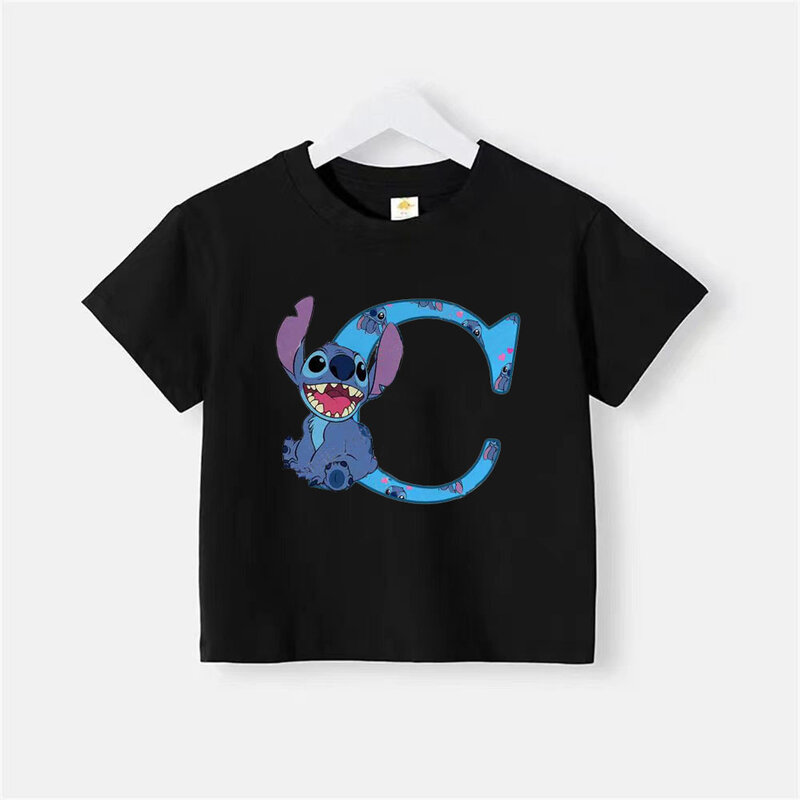 Stitch Letter A-Z Cotton Children's T-shirt Name Combination T-shirt Cartoon Kawaii Children's Casual Wear Girls and Boys Top