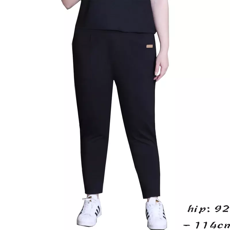 กางเกงขายาวคุณภาพสูงสำหรับผู้หญิงขนาดใหญ่เอวยางยืดกางเกงผ้าฝ้ายบางฤดูใบไม้ผลิ 2024 เสื้อผ้าลำลอง - สีดำ