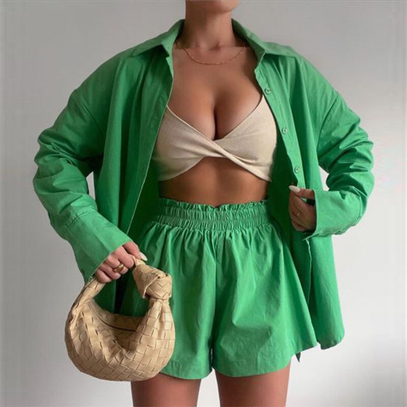 Camisa verde de cintura alta para mujer, top de manga larga con cuello vuelto y pantalones cortos, traje informal de algodón, verano, ZA