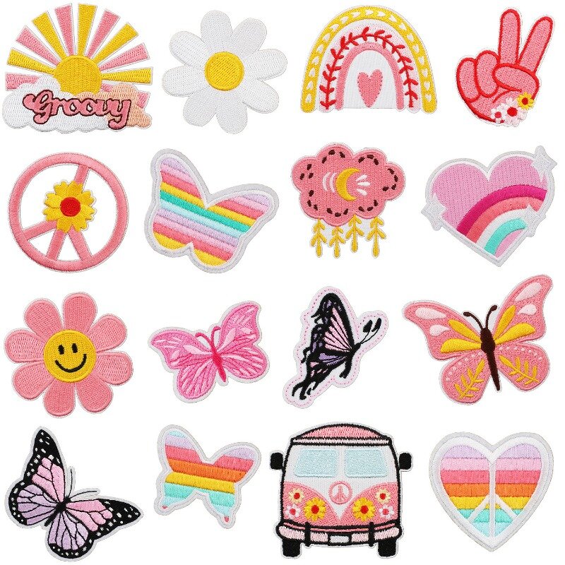 Butterfly Rainbow Heat Embroider Adhesive Patch Cartoon Bus DIY Fabric Label for Cloth Hat Jeans Bag Skirt Jacket Sew Sticker