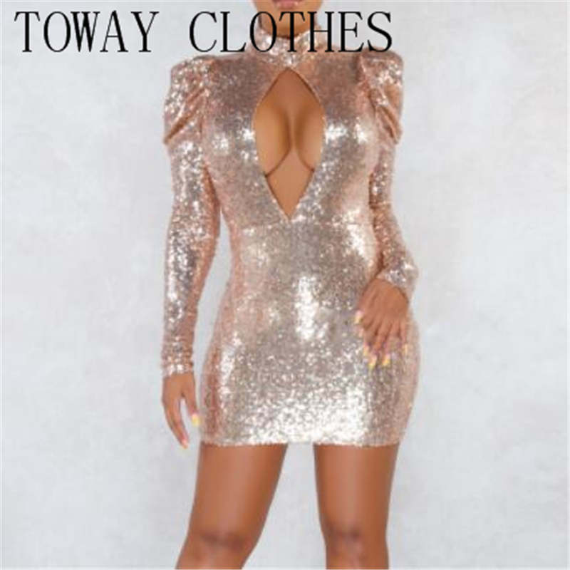 Sequined Hollow Out Sexy Skinny Women Dress Long Sleeve O Neck Shine Fashion Nightclub Party Bodycon Dress