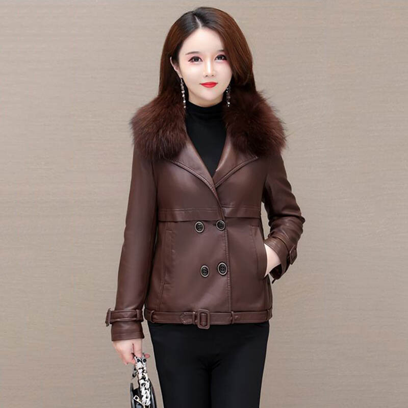 Temperamento gola de pele de couro feminino inverno novo coreano de fino e idade-reduzindo à prova de vento forro de algodão casaco de couro casual