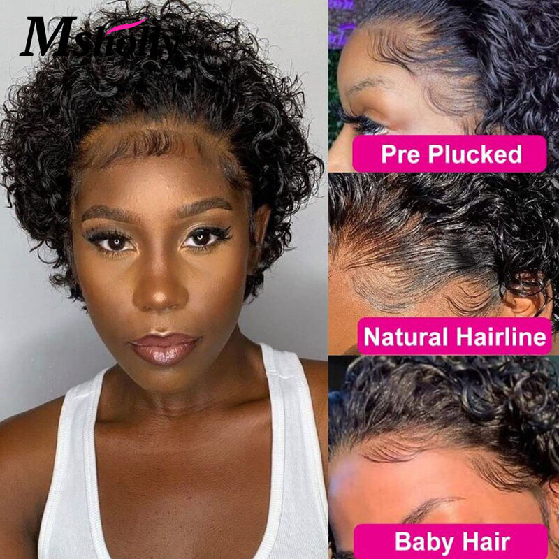 Pixie Cut Short Bob Curly Wigs Black Color Glueless Human Hair Wigs 13x1 HD Lace Frontal Wig Brazilian Remy Water Wave Curly Wig