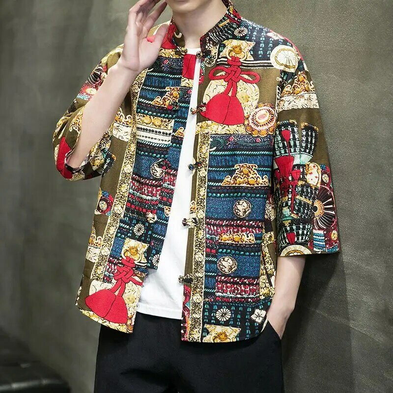 Chemise Tang à manches courtes pour hommes, style chinois, bouton disque, ample, grande taille, coton et lin, chemise imprimée avec court, été