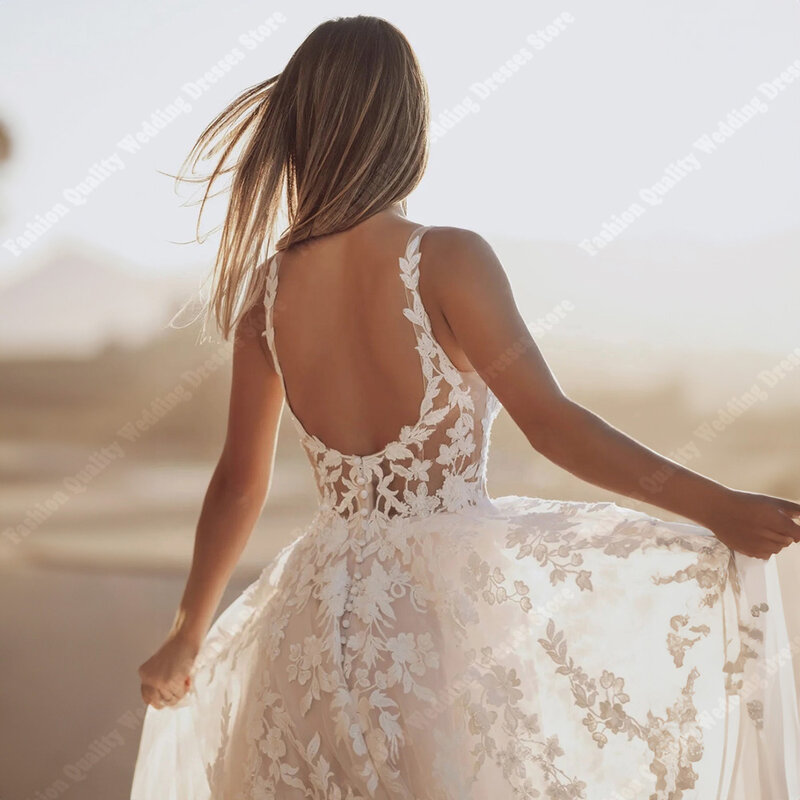 Square Neck Sleeveless Wedding Dresses For Women Shining Tulle Surface Bridal Gowns Mopping Length Backless Vestidos De Novias