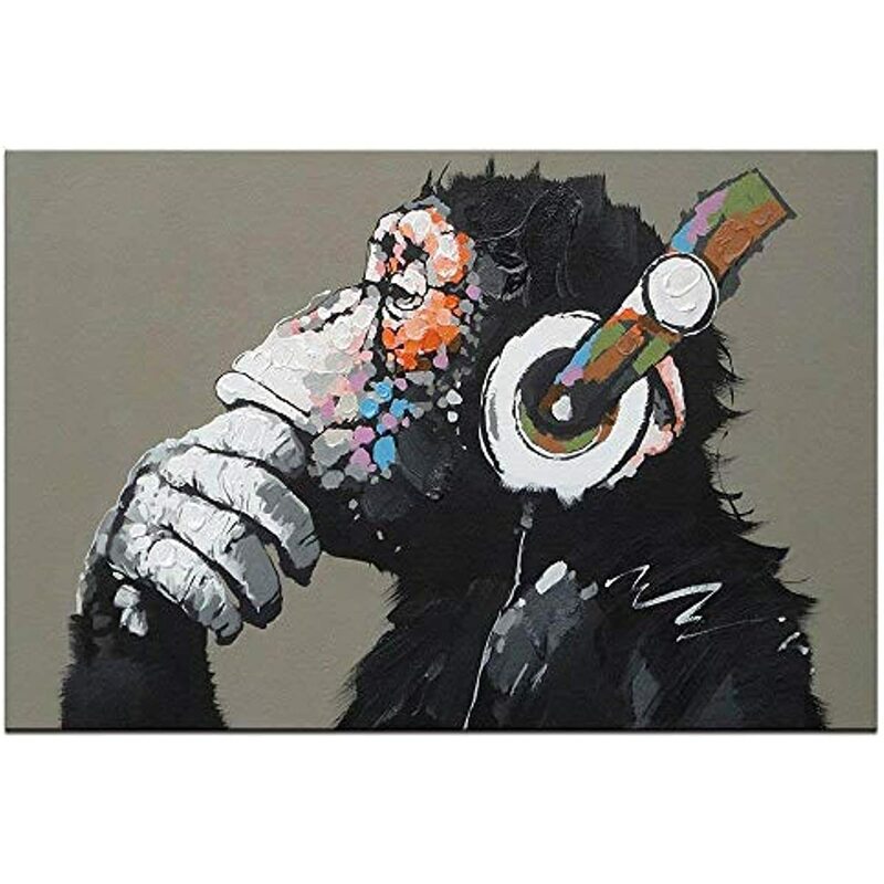 Dinding Seni Hewan Hewan Musik Gorila Kanvas Dicetak Lukisan Modern Lucu Berpikir Monyet dengan Headphone Seni Dinding