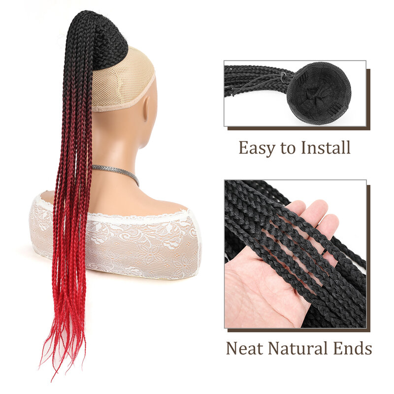 Ekstensi tali serut kepang untuk wanita, ekstensi rambut poni kepang panjang 3X klip sintetis di ekor kuda
