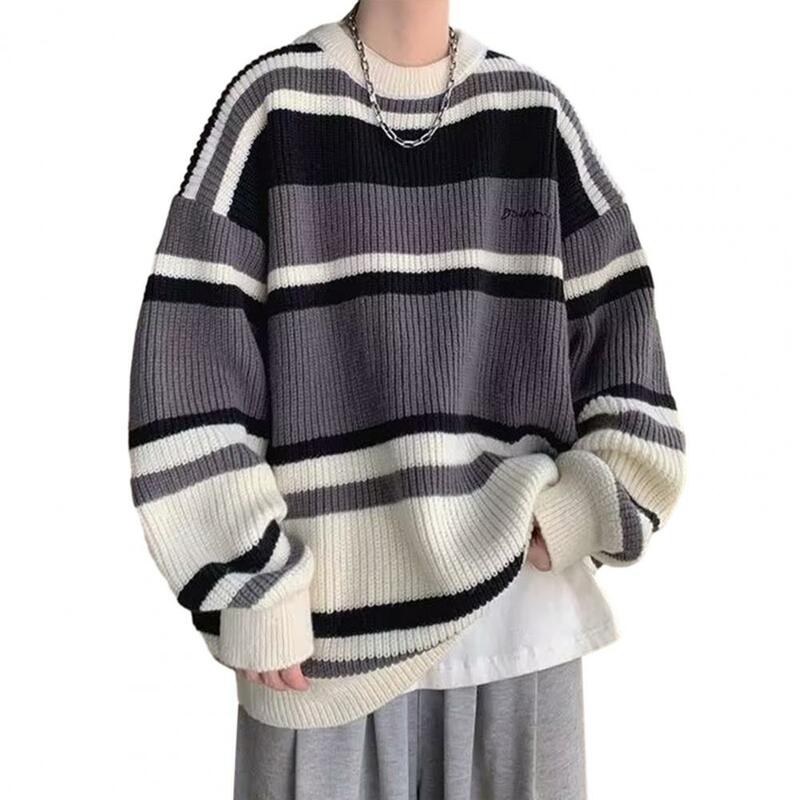 Fall Winter Men Sweater Colorblock Knitted Thick Anti-shrink Long Sleeve Pullover Loose Mid Length Retro Japanese Men Sweater