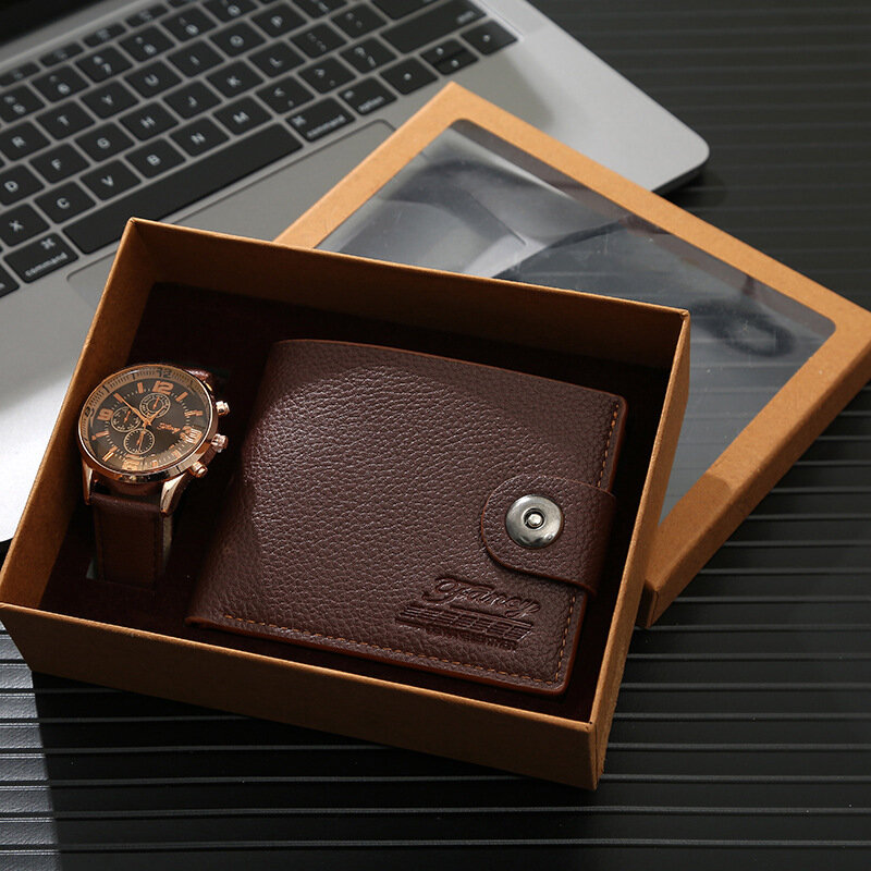 2022 caixa de presente da qualidade da forma para os homens 2 pçs/set presente conjunto relógio preto marrom couro cinto carteira presentes do negócio transporte da gota