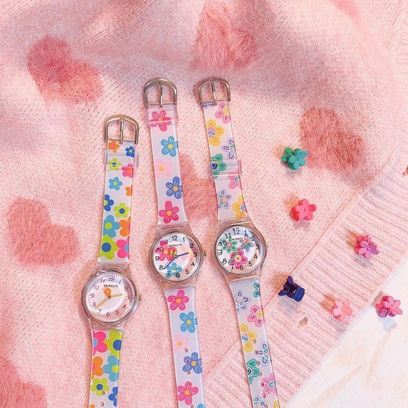 Harajuku Style Schoolgirl Cherry Blossom Pink Japanese Cute Soft Girl VersatileTransparent Silicone Quartz Wrist Children's Gift