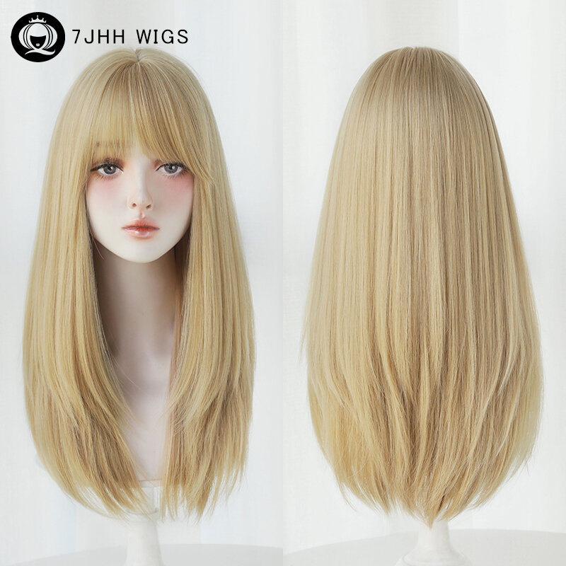 7JHH-pelucas rubias rectas sintéticas resistentes al calor con flequillo de cortina, peluca de cabello en capas de alta densidad para mujeres, pelucas Lolita