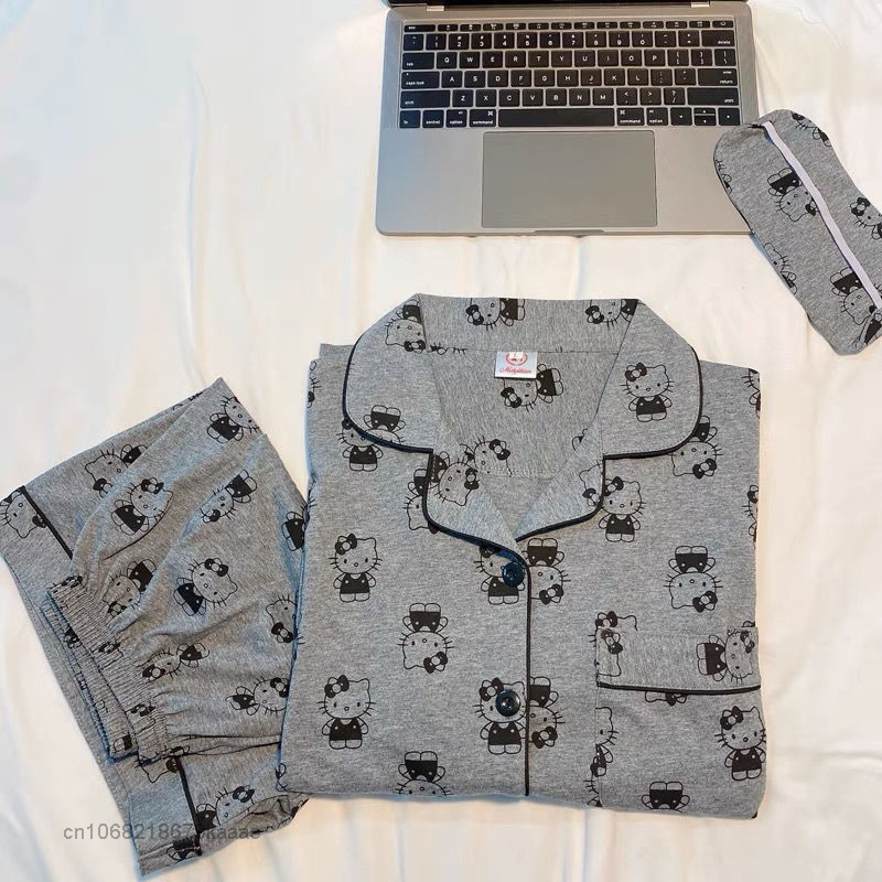 Sanrio novos pijamas olá kitty roupas de verão em casa algodão terno feminino macio 2 peça conjunto y2k cardigan manga curta topo solto shorts