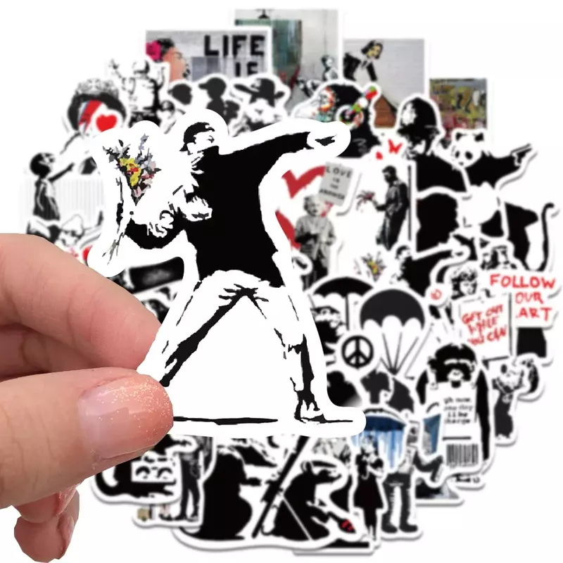 67PCS Banksy Sculptures Flower Thrower Stickers Cool Street Art Graffiti Decals for Luggage Laptop Skateboard Phone Stickers