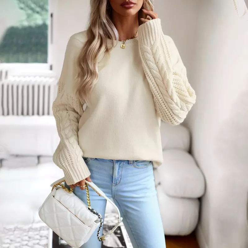 YEAE Long-sleeved Knit Sweater Top Solid Color Pullover Sweater Temperament Simple and Elegant Basic Versatile Commuting Warmth