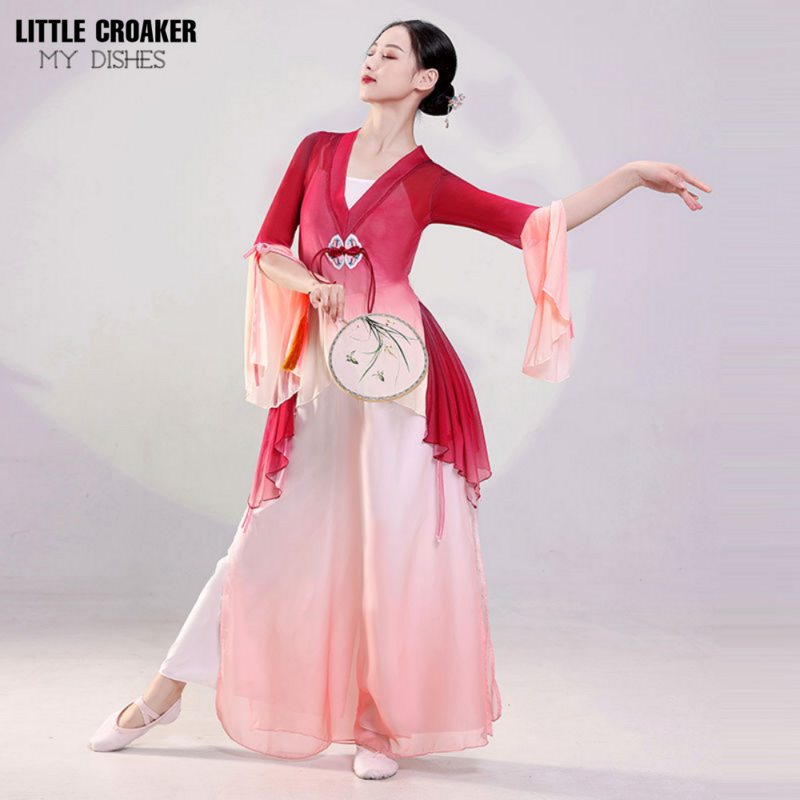 Taniec klasyczny nowy sukienka z przędzy Gradient trening taneczny ubrania Hanfu kobiety chińskie tradycyjne kostium taneczny ludowe kobiety
