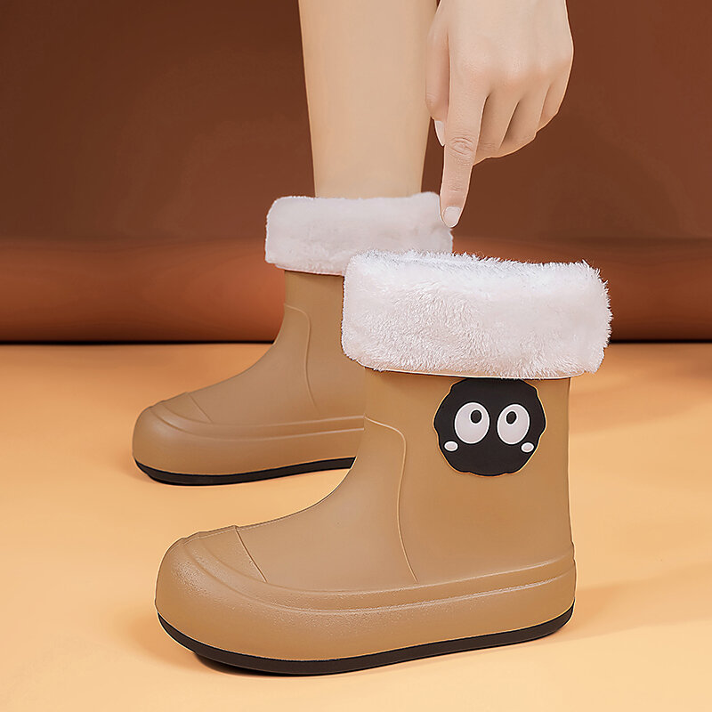 STRONGSHEN Fashion Rain Boots Women Thick Bottom Warm Fur Non-Slip Wear-Resistant Waterproof Boots Outdoor Cartoon Water Shoes