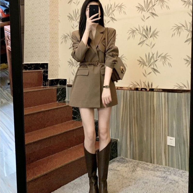 Manteau blazer à boutonnage simple pour femmes, manches longues, ceinture en métal, vêtements pour femmes, mode coréenne, nouveau, 2023
