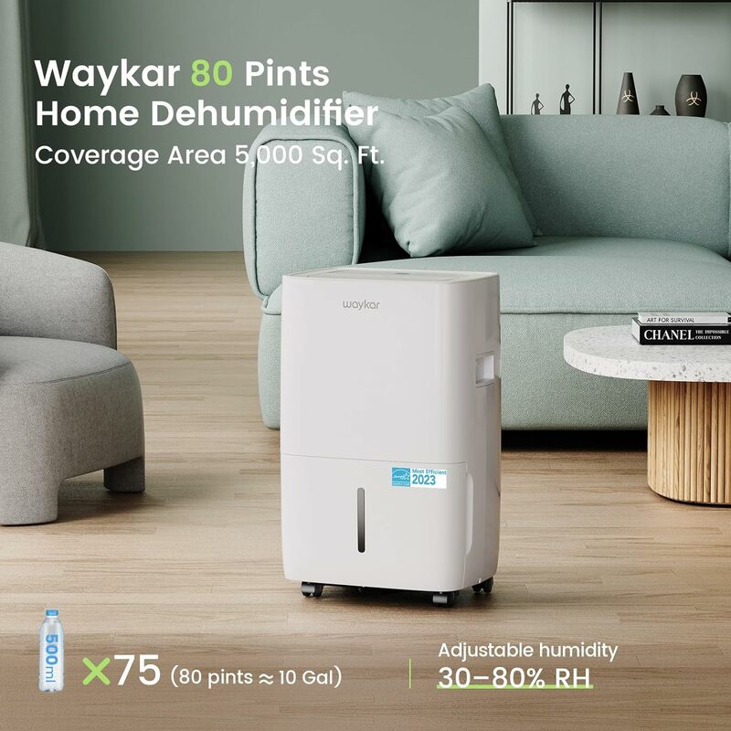 Waykar 80-pint Energy Star dehumidifier for spaces up to 5,000 square feet. In homes, basements and great rooms