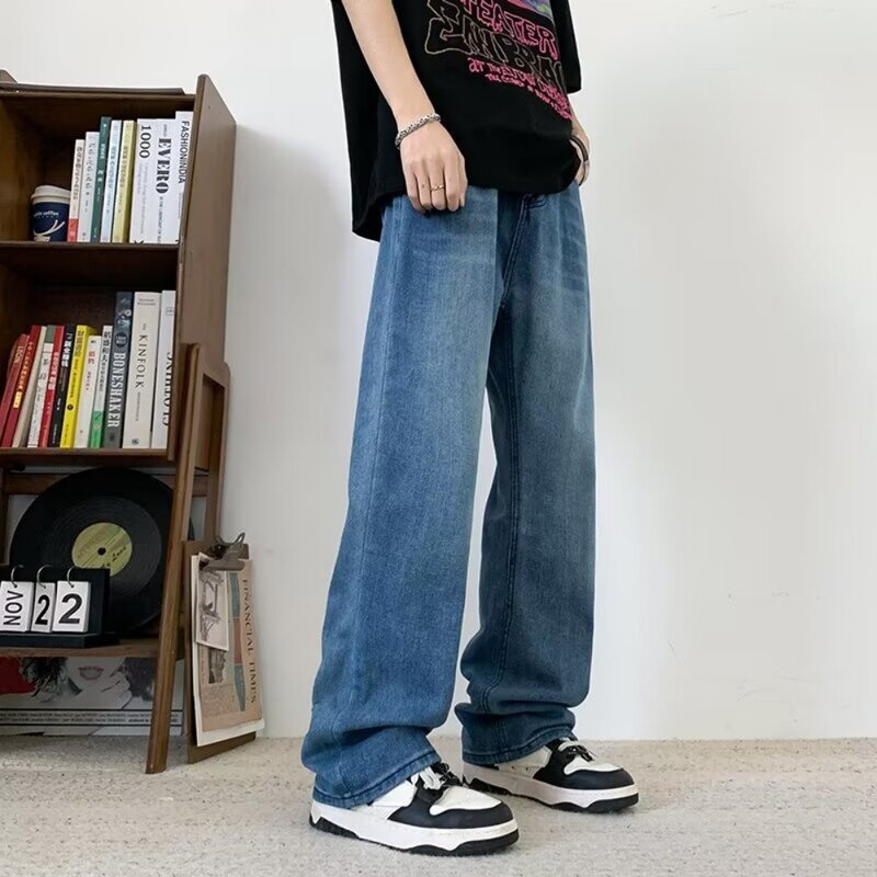 سراويل جينز واسعة الساق للرجال ، جينز مستقيم فضفاض صالح ، ملابس الشارع الزرقاء الرجعية ، أزياء جيوب الملابس ، الصيف