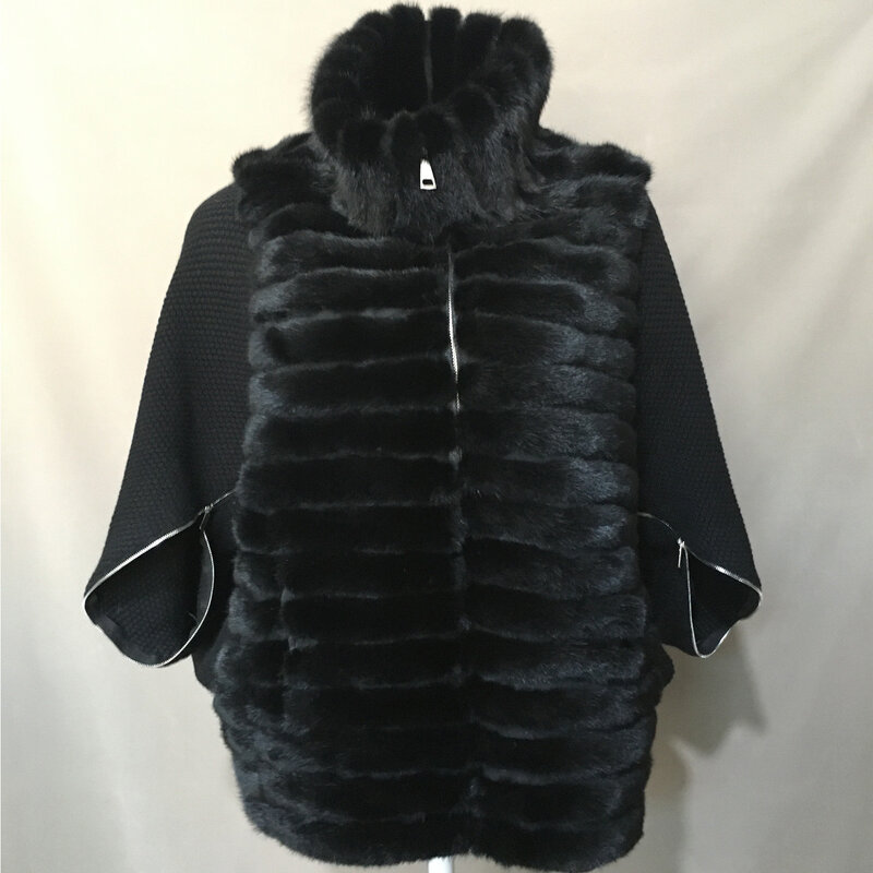 Real Rabbit Down Knitting Mink Fur Coat Women Winter Half Sleeve Cloth B210901