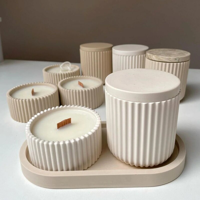Round Stripe with Cover Bottle Silicone Molds DIY Cement Plaster Storage Jar Pottery Mould Concrete Art Making Supplies Decor