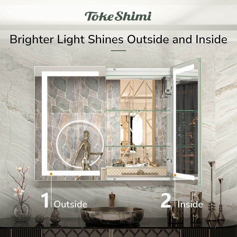 TokeShimi 30x26 armadietto per medicinali illuminato per bagno con specchio e presa elettrica antiappannamento 3 ColorsTemperature dimmerabile Su