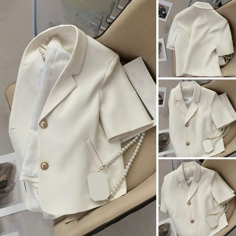 Jaqueta elegante feminina, mangas curtas, bolsos com fecho de botão duplo, leve, trabalho, digna de presente