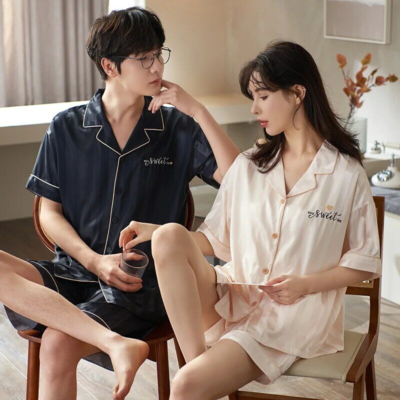 Summer Women's Ice Silk Pyjamas Short Sleeve Shorts Mens Satin Sleepwear Casual Man Rayon Homewear Suit Couples Home Clothes