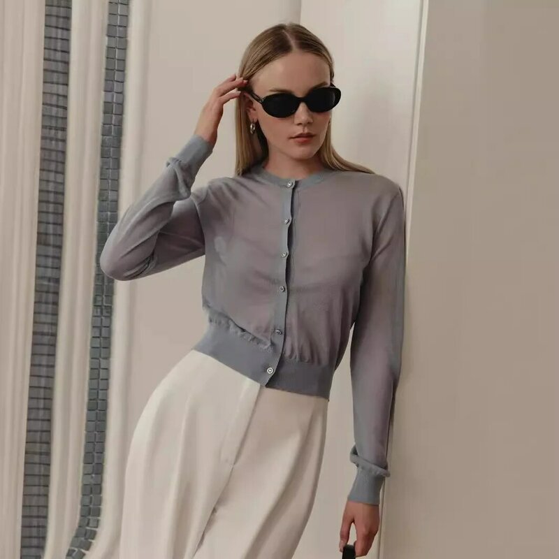 Minimalist Fashion Long Sleeved Women's Early Spring Short Slim Fit, Slimming And Sexy Design With Perspective Cardigan