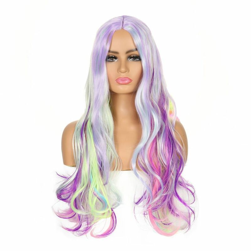 Wig Anime warna highlight rambut palsu bergelombang keriting panjang Medium rambut palsu sintetis pesta Cosplay